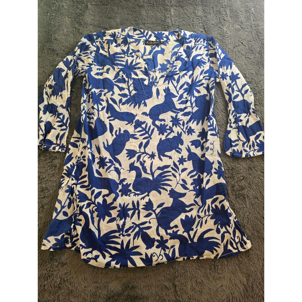 KikiSol Blue White Otomi Animal Print Swimsuit Cover Up Tunic Women Small S